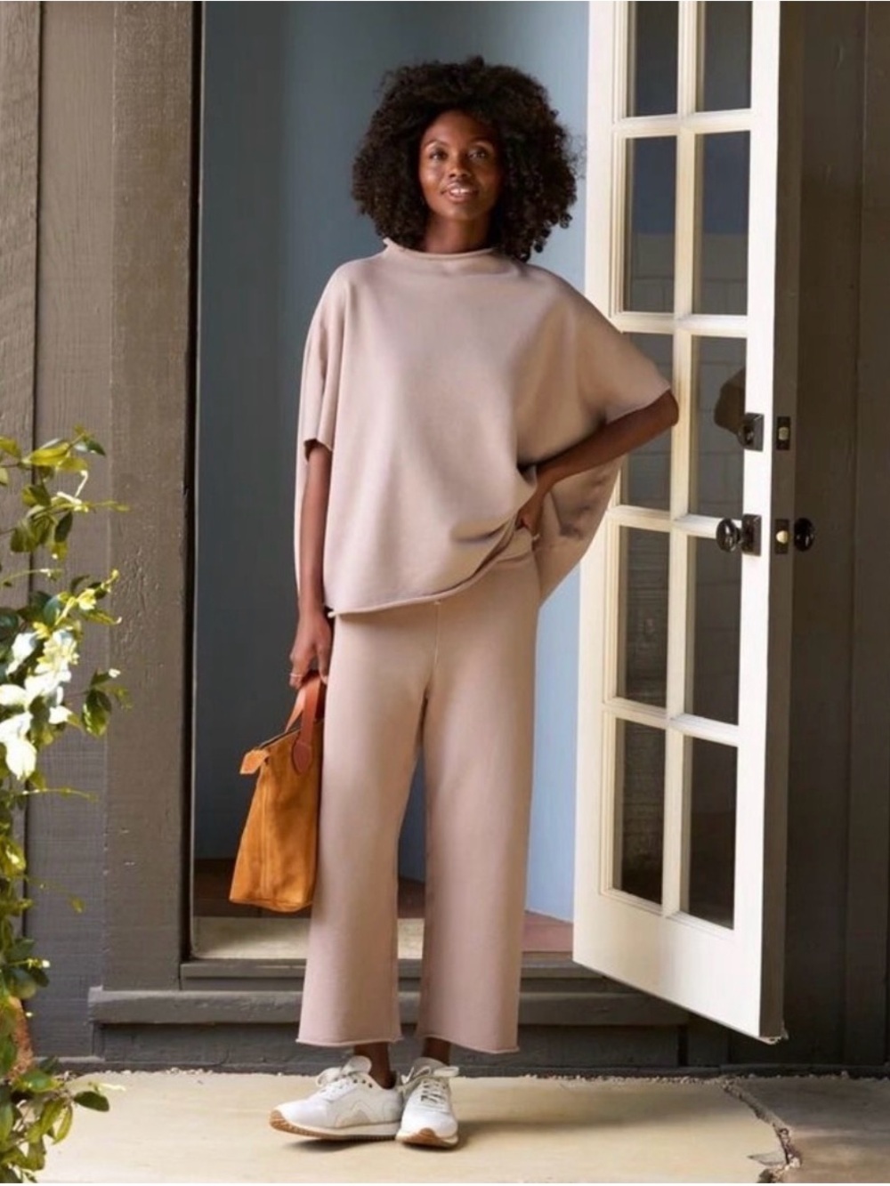 Frank & Eileen Cropped Wide-Leg Pants and Poncho Top - Taupe